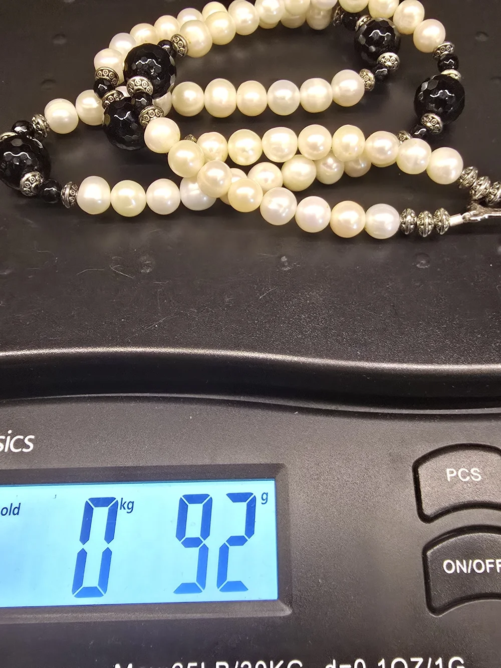 Freshwater Pearl Necklace w/Black Faceted Glass Beads Toggle Clasp 29